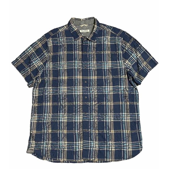 Tommy Bahama Button Up Shirt Men's XL Tartan Plaid 100% Cotton Blue Embroidered - Picture 1 of 13